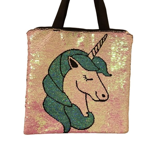 Unknown Handbags - Pink Green Iridescent Unicorn Magic Sequin Tote Bag 14 1/2 x 15" Black Back